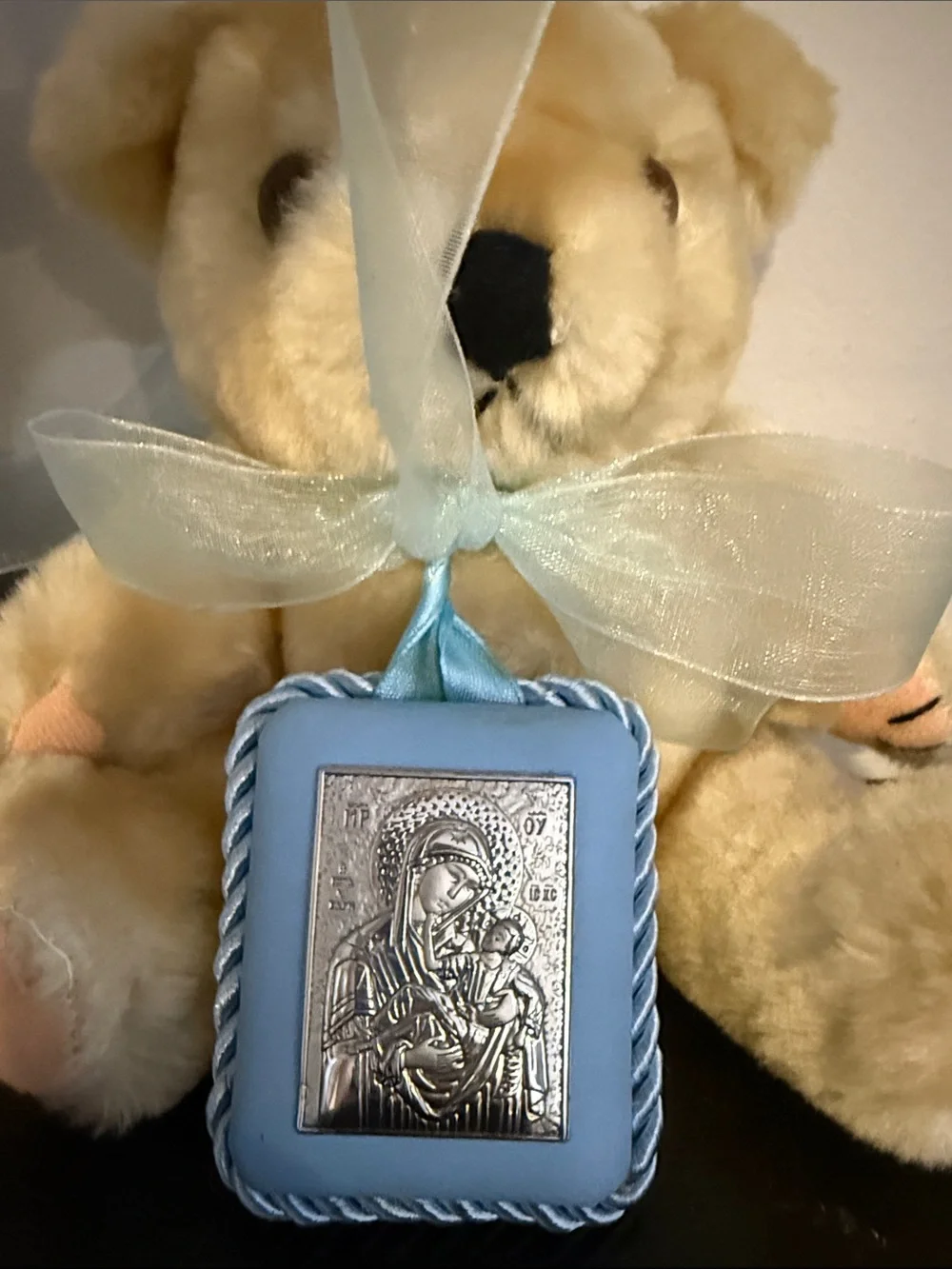 Plush Baby Bear Gift Set with Blue Ribbon - Cream and White